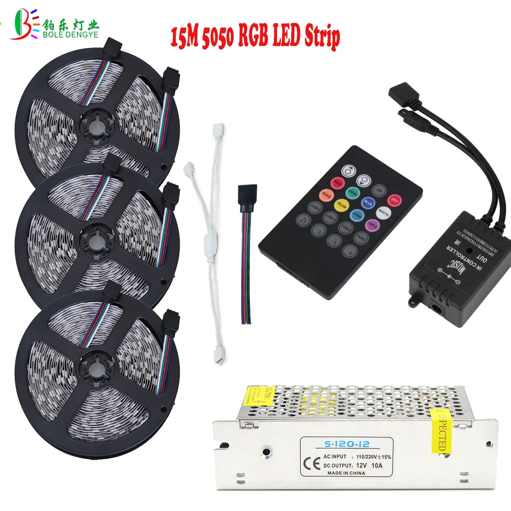 cheap 15M 10M 5M 5050 RGB Waterproof LED Strip Flexible Tape Light Music Controller Sound Sensor Control AC110V 220V Power Supply