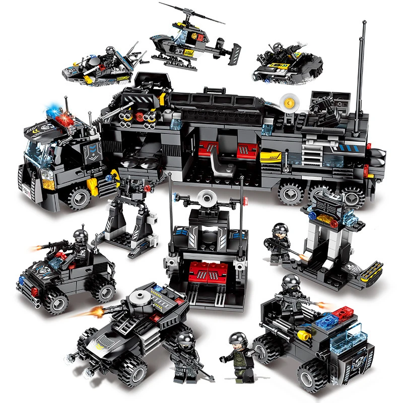 

695Pcs Military Command Truck 8 in 1 SWAT Soldiers Building Blocks Compatible Legoings City Police Bricks Toys Children Gift