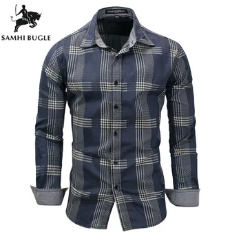 

Men's Shirt 100% cotton Men's lapel denim shirt Casual Black White plaid shirt High quality Washed mens Long Sleeve Shirts