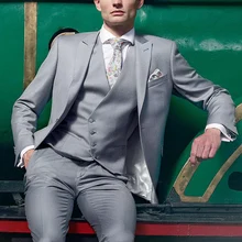 Серый мужской свадебный костюм Пике лацкан мужской костюм фрак одна кнопка жениха костюм-тройка(куртка+ брюки+ жилет+ галстук