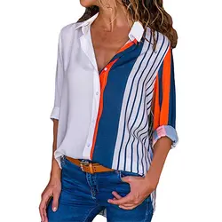Для женщин Шифоновая блузка Модная рубашка в полоску с длинными рукавами в стиле пэчворк рубашка Для женщин s Повседневное отложным