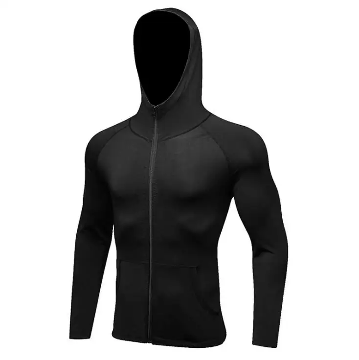 Новинка, мужская куртка для бега с капюшоном на молнии, спортивная одежда, высокая эластичность, толстовки для спортзала, фитнеса, быстросохнущая одежда, мужские футболки - Цвет: Black