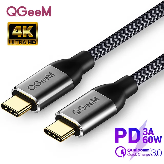 QGeeM USB 3,1 type C к USB C кабель Gen2 PD 60 Вт USB-C к USB C зарядный провод шнур нейлоновый кабель шнур для samsung S9 S8 Macbook Pro - Цвет: Черный