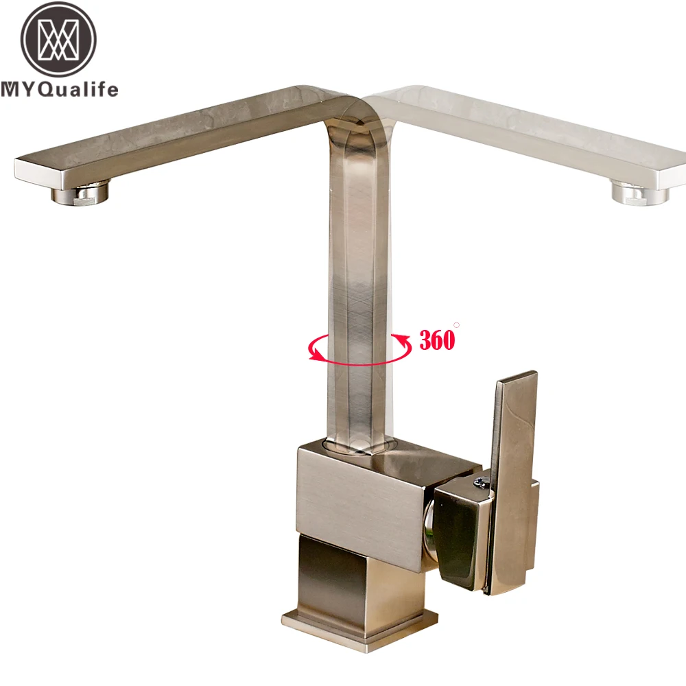 

Square Brushed Nickel Rotate Kitchen Faucet Single Lever Vertical Neck Hot and Cold Water Kitchen Crane Taps