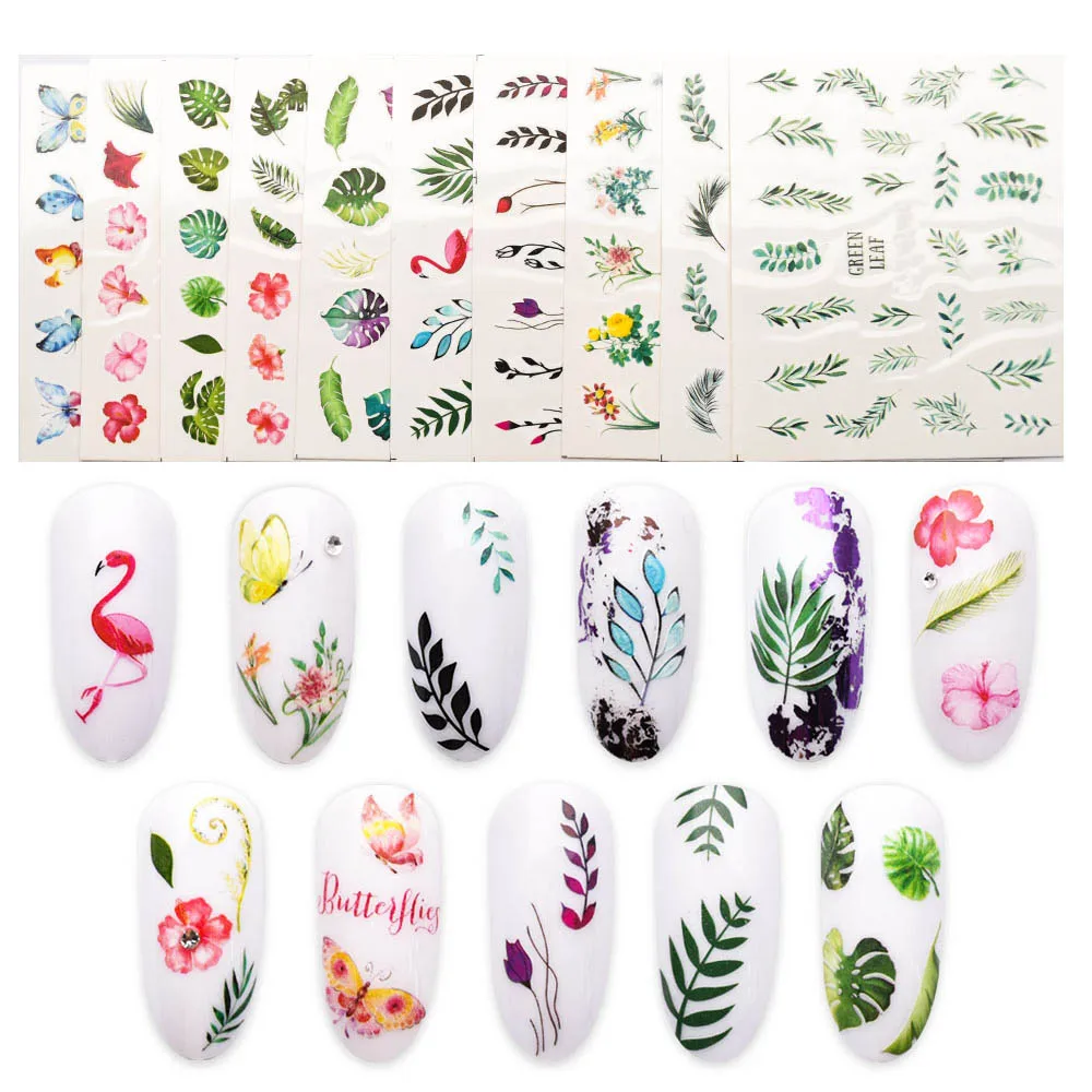

1pcs Nail Stickers Green Leaf Flamingo Flowers Feather Water Decals Nail Art Decorations Wraps Sliders Manicure Tools ZJT4021