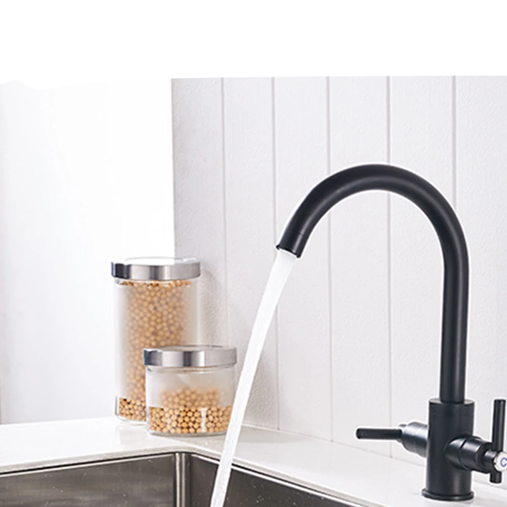 

360 Degree Swivel Spout Rotation Faucet Mixer Tap Dual Handle Kitchen Sink With Fittings Twin Lever Cold And Hot Deck Mounted