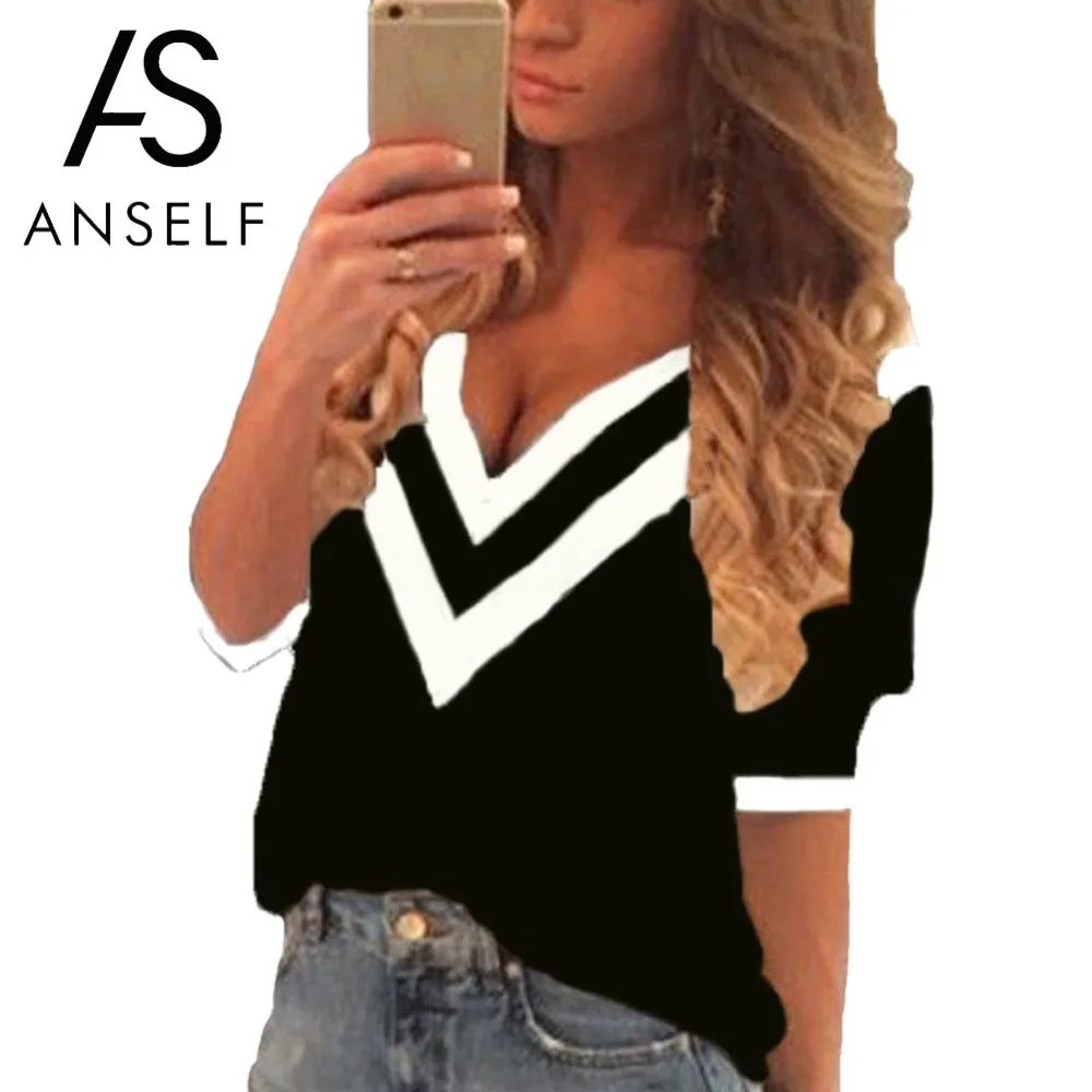 

Anself Women Deep V Neck Blouses 3/4 Sleeves Color Block Striped 5XL Plus Size Shirt Top Sexy Loose Casual Blusas Pullover Top