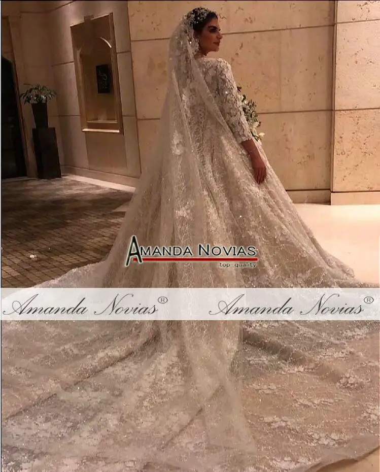 Robe de soiree свадебное роскошное с длинными рукавами Сверкающее мусульманское свадебное платье