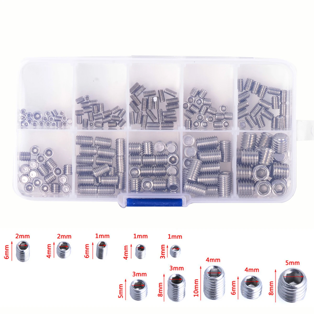 200pcs Stainless Steel Allen Head Socket Hex Set Screw Grub Screws Cup Point Assortment Kit With Plastic Case