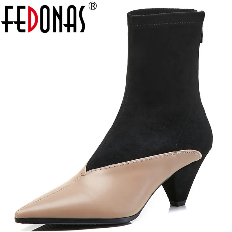 

FEDONAS Fashion Sexy Brand Women Patchwork Party Shoes Woman Genuine Leather Pointed Toe Autumn Winter Socks Boots Ankle Boots