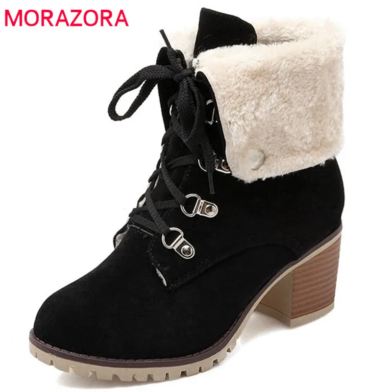 

MORAZORA 2021 new fashion ankle boots women round toe flock lace up booties square high heels shoes keep warm winter snow boots