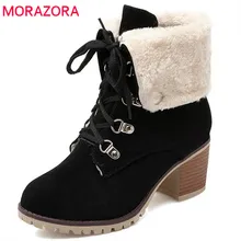 MORAZORA/Новинка года; Модные ботильоны; женские ботинки из флока на шнуровке с круглым носком; обувь на высоком квадратном каблуке; теплые зимние ботинки