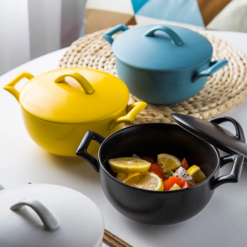 

Japanese large size ceramic bowl covered lid double ears bubble noodle cup creative household single ear bowl rice