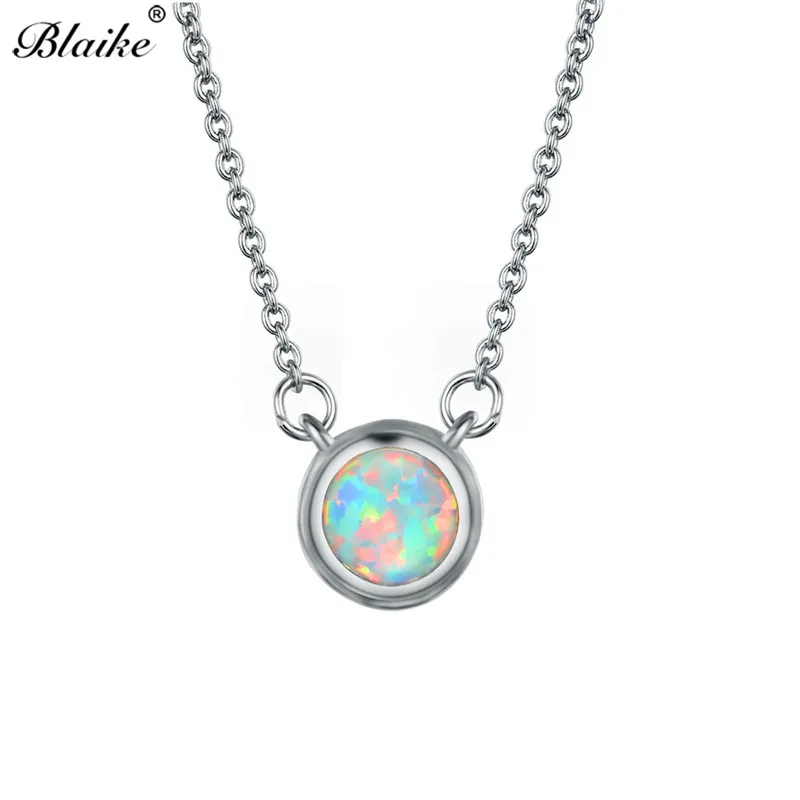 

Blaike White/Blue Fire Opal Round Pendants Necklaces for Women 925 Sterling Silver Filled Birthstone Necklace Engagement Jewelry