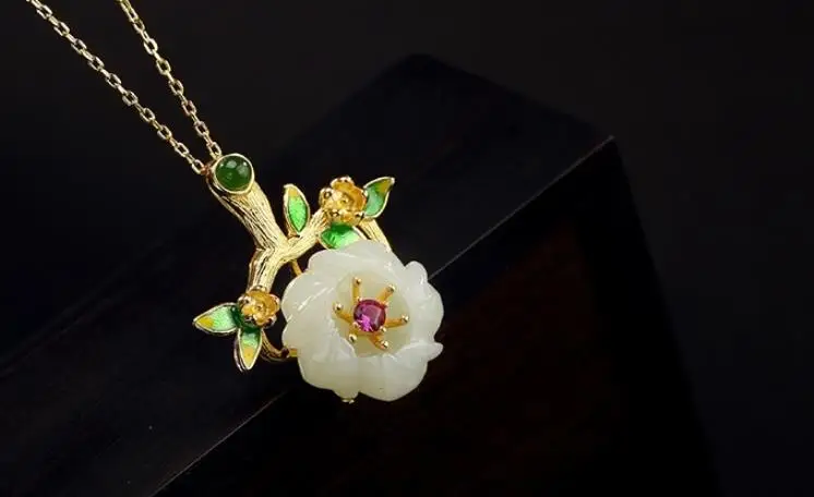 

Sterling S925 925 silver Necklace Nephrite Natural stone Plum blossom gilding Pendant sweater chain for woman