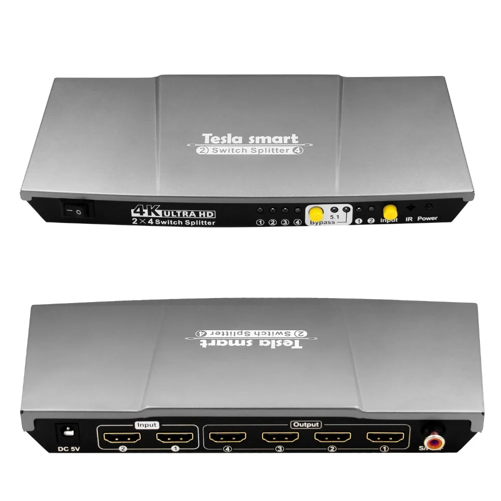 Тесла smart Алюминий высокое качество UHD 4 К 2 в 4 hdmi-переключатель Splitter 2x4 с SPDIF Выход ИК, серый