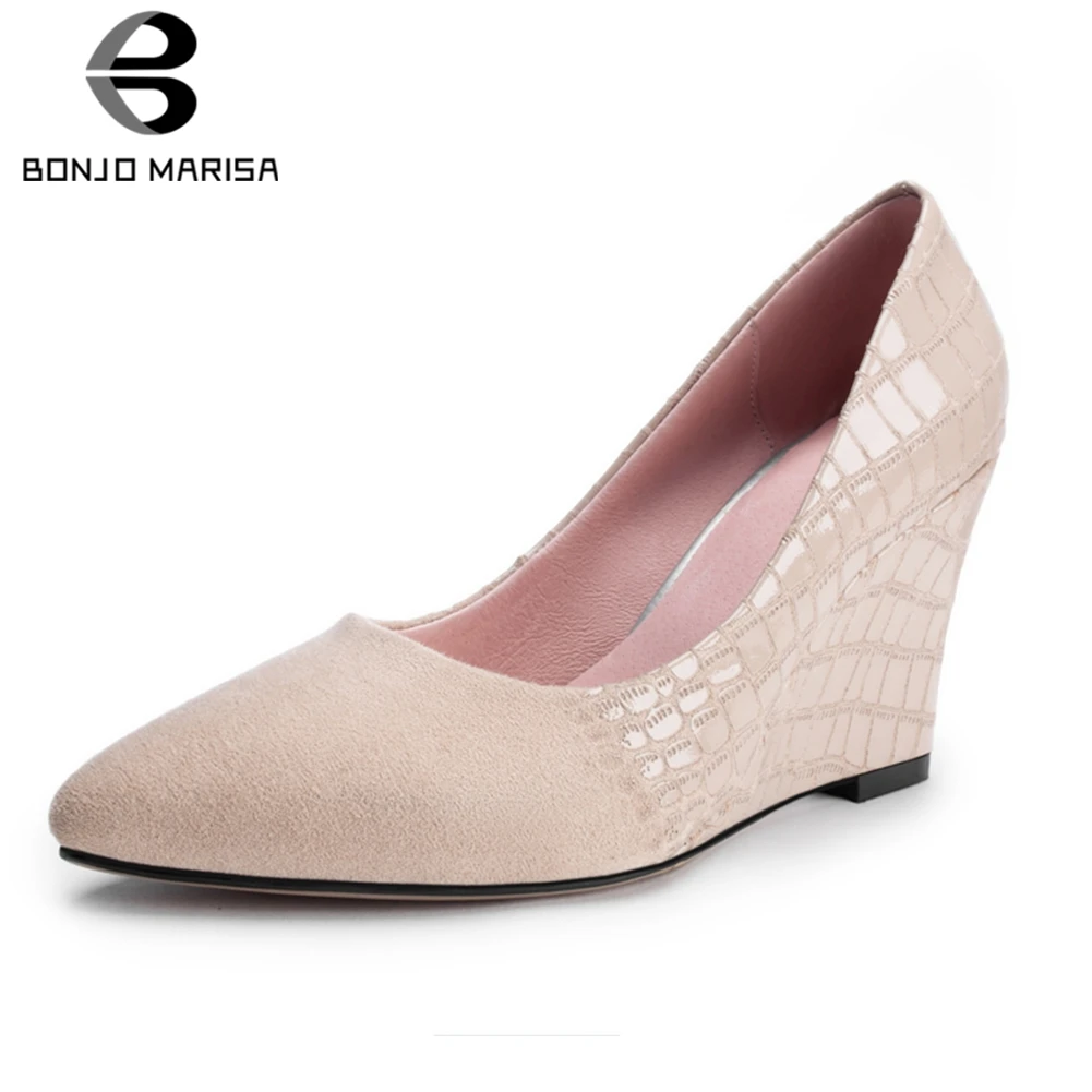 

BONJOMARISA New Concise Shallow Pumps Pionted Toe Wedges High Heels Pumps Woman Office Career Wedges Shoes Women Size 33-42