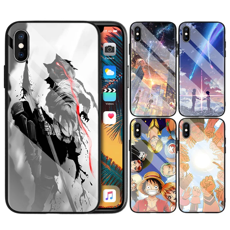 

Tempered Glass Case for iPhone 7 X Cover for iPhone 11 11Pro 8 6 6S XR XS MAX Plus Anime Cartoon Your Name One Piece Naruto Case