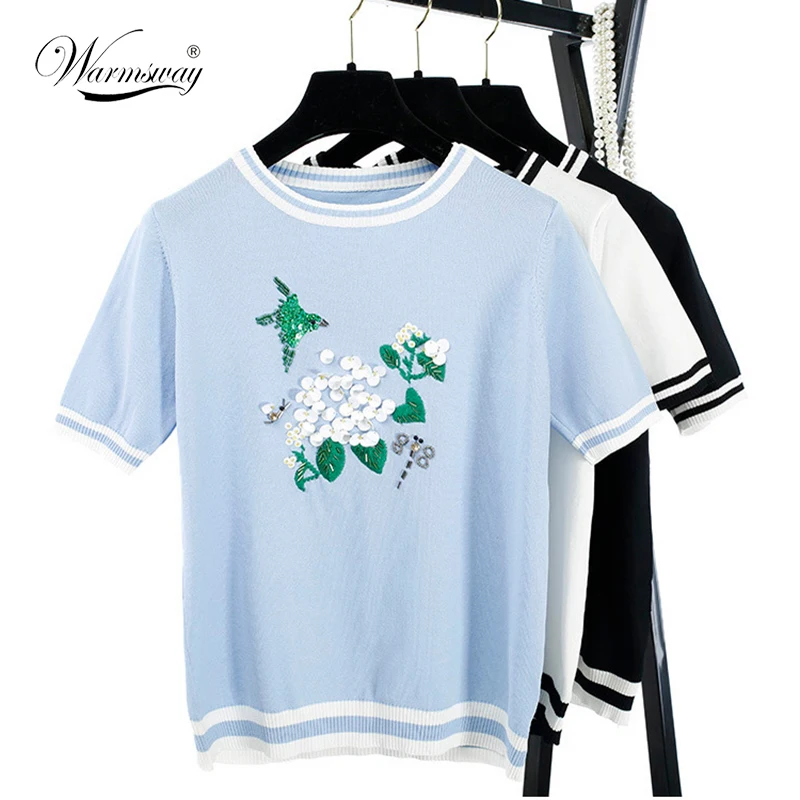 Europe Fashion Summer 2018 Floral Sequin Embroidery Knitted T shirt Women short sleeve Tops Ribbed Tee Striped Pullovers B-017