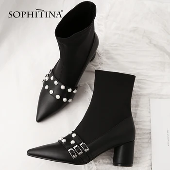 

SOPHITINA Fashion Genuine Leather Ladies Boots Winter Slip-On High Heel Shoes Casual Basic Shallow Square Heel Woman Boots MO218