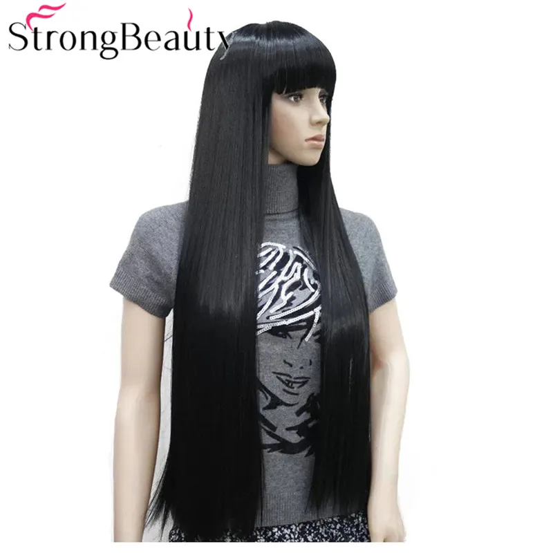 Очень красивые, длинные прямые черные парики с аккуратной челкой синтетические волосы женский парик