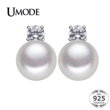 UMODE, серьги-гвоздики из натурального пресноводного жемчуга для женщин, модная 925 пробы Серебряная груша, серьги фианит, циркон, кристалл, ювелирное изделие AE0007