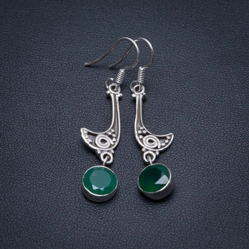 

Индийские серьги ручной работы из натурального хризопраза, серебро 925 пробы, 2 дюйма, S1587