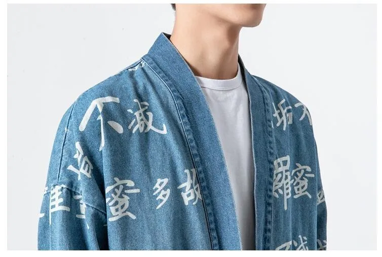 #4219 Vintage Windbreaker Black Blue Retro Kimono Cardigan Jacket Men Streetwear Denim Jacket Loose Hip Hop Plus Size 5XL