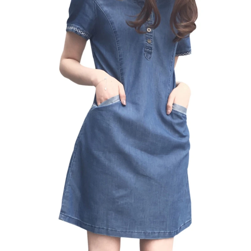 Women Retro Solid Denim Mini Dress Plus Size 3XL Women Clothing Blue Jeans Shirt Dresses Ladies Office