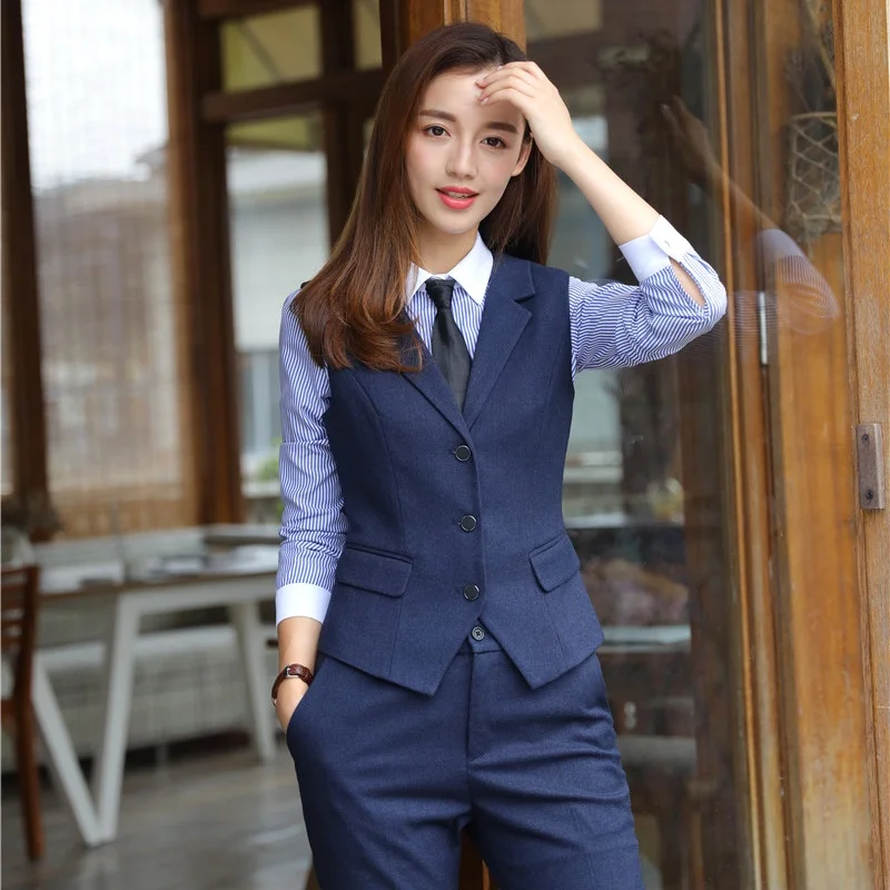 Formal Ladies Blue Vest Women Waistcoat Work Wear Business Female Clothes Office Uniform Styles OL