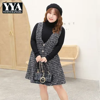 

New Women Tweed Dress Single Breasted Sleeveless Slim Party Dress Elegant Spaghetti Strap V-Neck Large Size Female Clothes