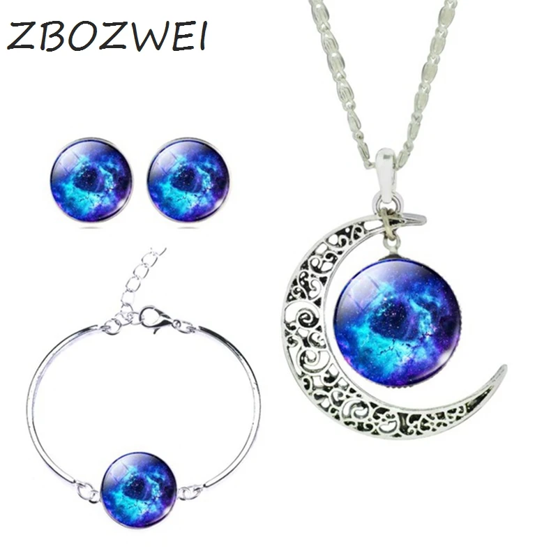 

ZBOZWEI Newest Silver Color Jewelry Glass Galaxy Jewelry Sets Statement Necklace Stud Earrings Bangles Bracelets For Women