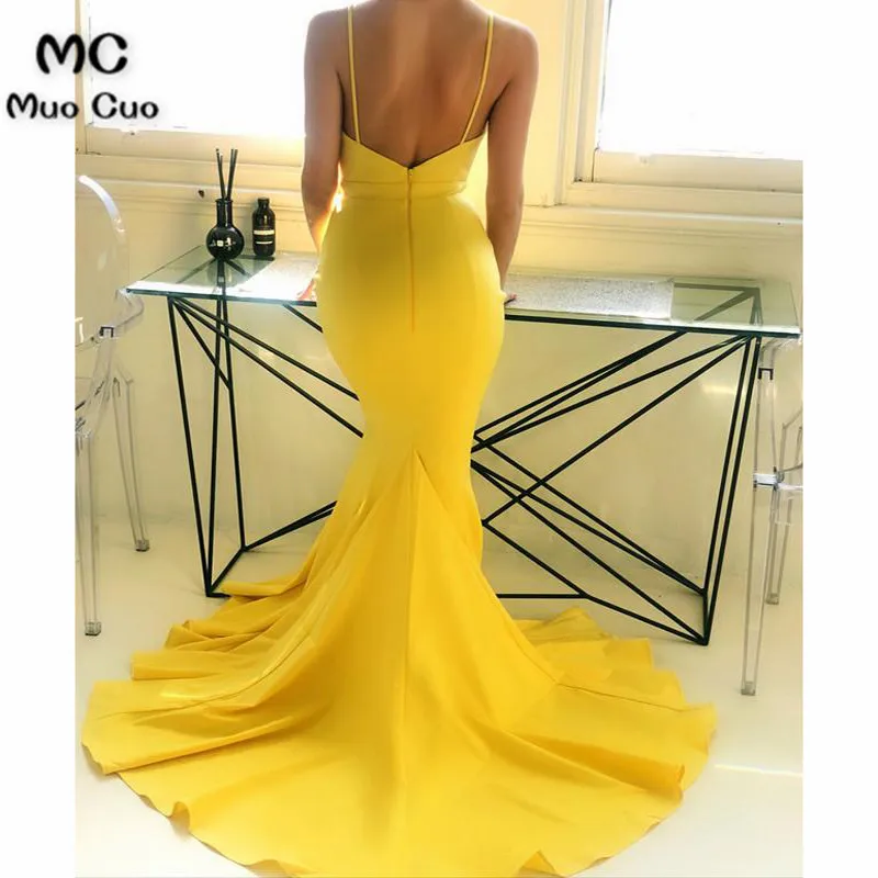 Sexy Plunge Neck Long Satin Open Back Mermaid Prom Dresses4