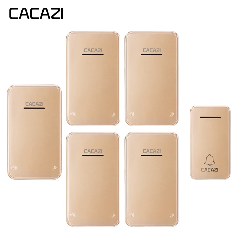 

CACAZI Wireless Doorbell Self-powered Waterproof Led light 1 No battery Button 5 Receiver Cordless DoorBell chimes US EU Plug