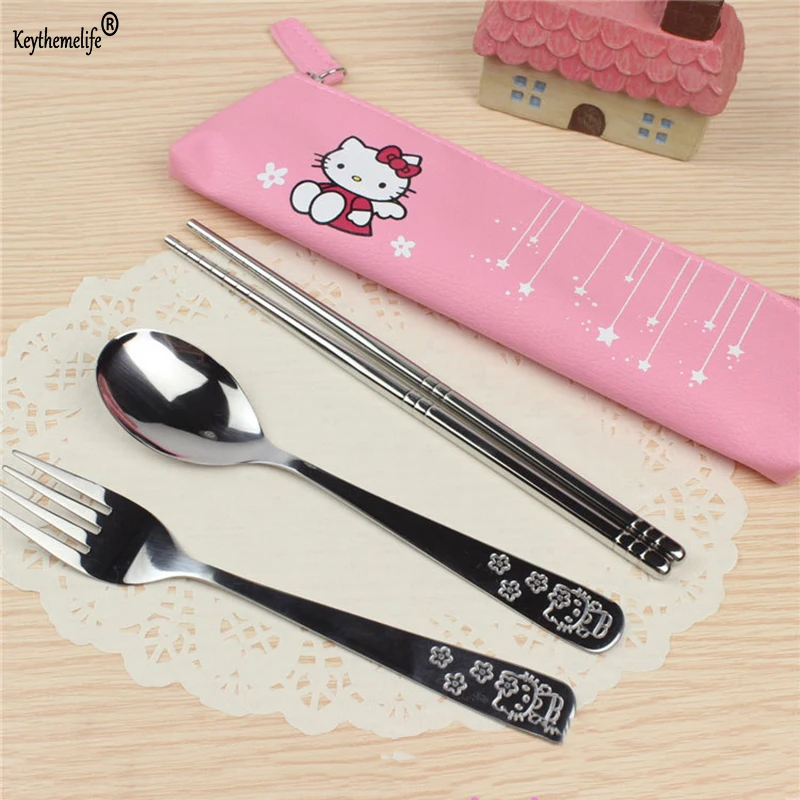 

3 Pcs/Set Cartoon Hello Kitty Doraemon Portable Cutlery Set Stainless Steel Dinnerware Set Tableware Cutlery Fork For Kids