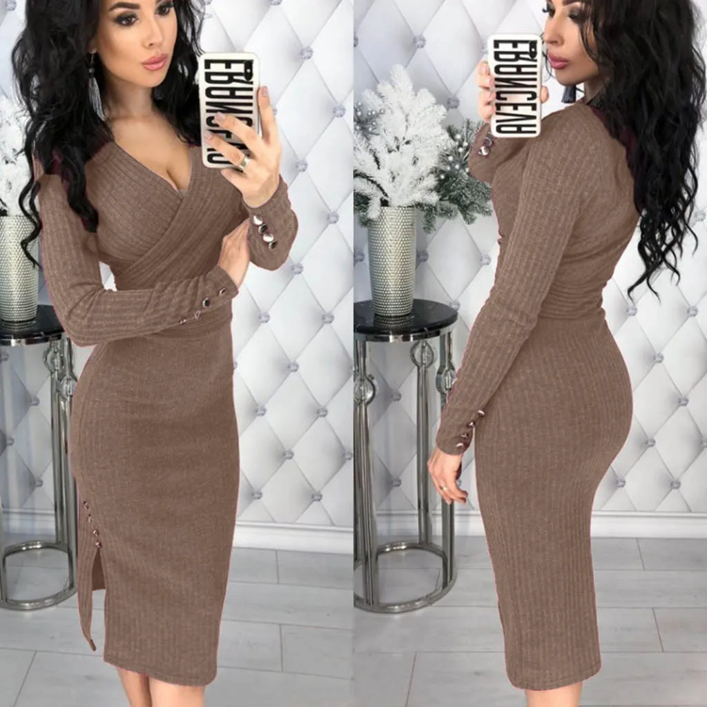 

Solid Deep V-neck Rib Knit Bodycon Dress Women Casual Long Sleeve Wrap Club Party Dress Elegant Autumn Winter Dresses