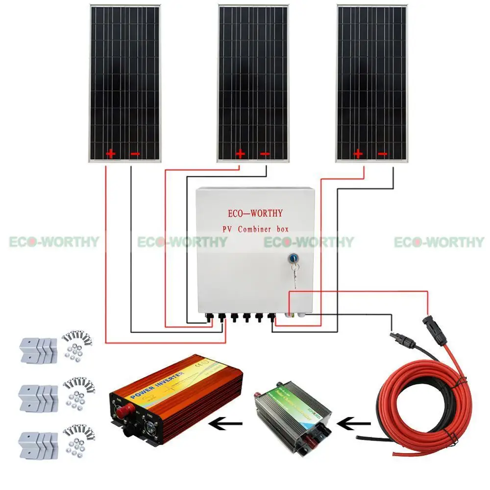 

100W 12V Solar Panel Off Grid System Kit 6 String Combiner Box 1KW Inverter Solar Generators