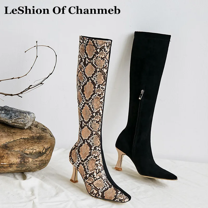 

2020 New Fashion Women Ladies Python Printing Knee High Boots Thin High Heels Square Toe Snake Pattern Zipper Long Boots Size 42