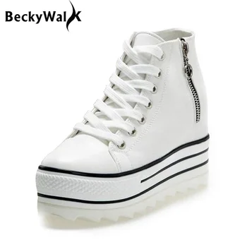 

New Fashion Womens High Heeled Platform Canvas Shoes Elevators White Black High Top Casual Woman Shoes with Zipper