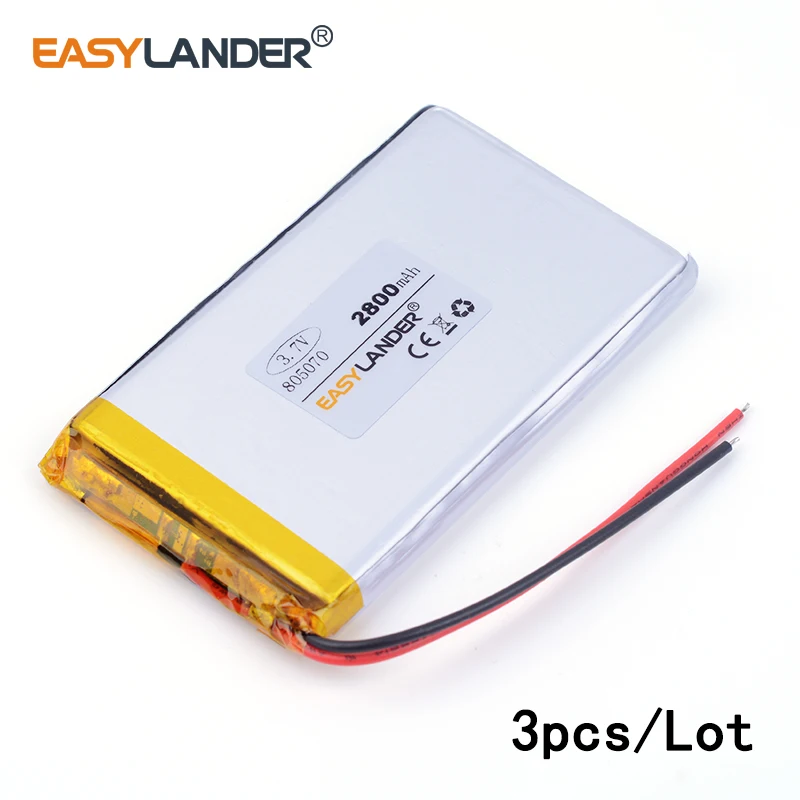 

3pcs /Lot 805070 2800mah 3.7v lithium Li ion polymer rechargeable battery mobile emergency power charging treasutoys PAD PSP