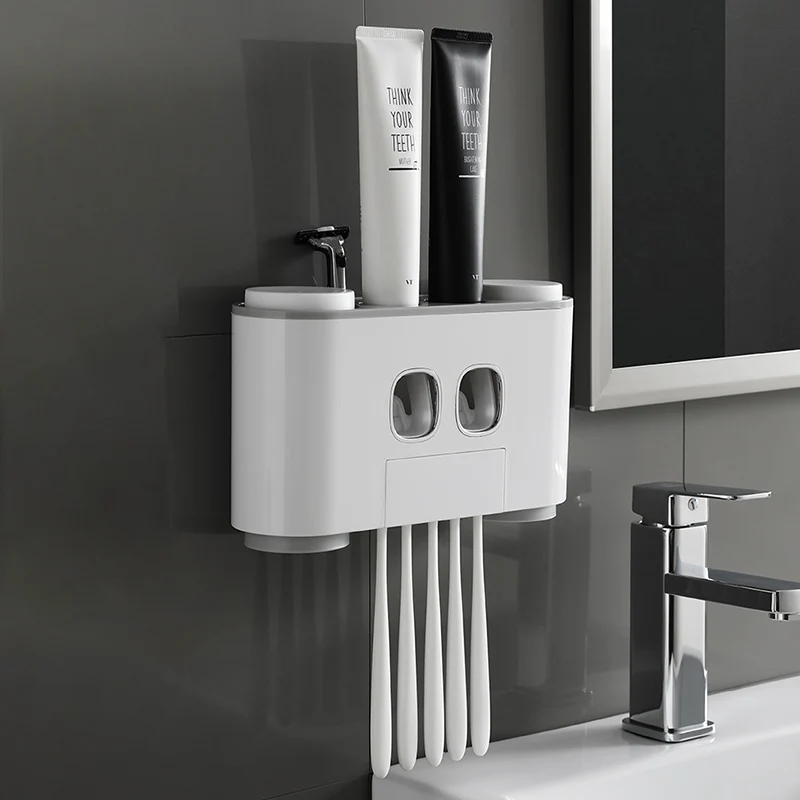 1 Set Dispenser Automatico di dentifricio Set 5 Portaspazzolino Montaggio a Parete Bagno Forniture da toeletta in Nero