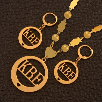 

Anniyo Name KBE Pendant Beads Necklaces Earrings sets for Woman's Gold Color Ball Jewelry #036221S