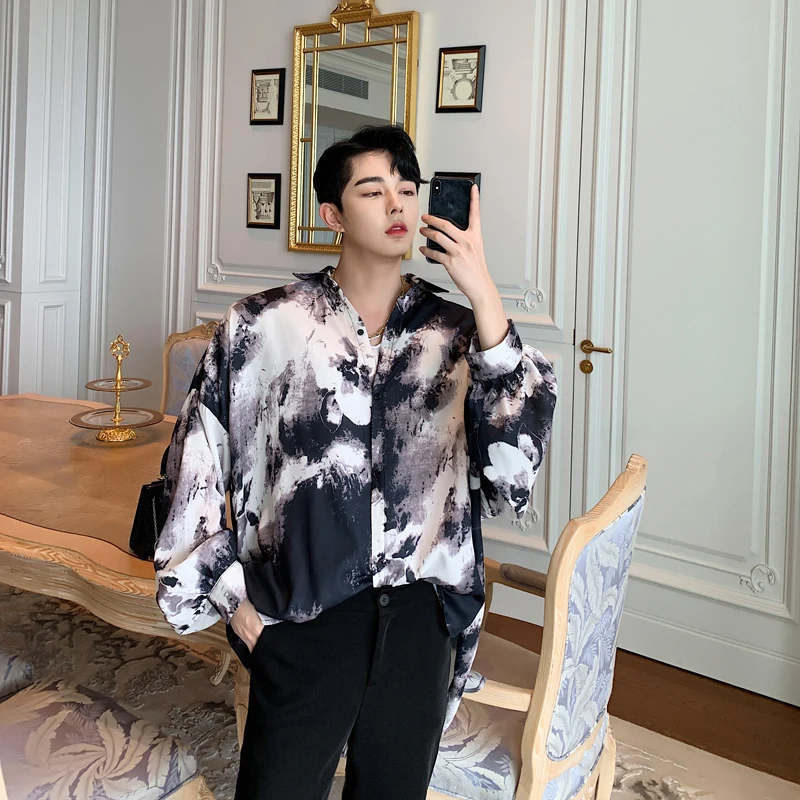 

Men Vintage Long Sleeve Ink Print Loose Casual Oversize Shirts Male Women Streetwear Hip Hop Punk Gothic Fashion Dress Shirt