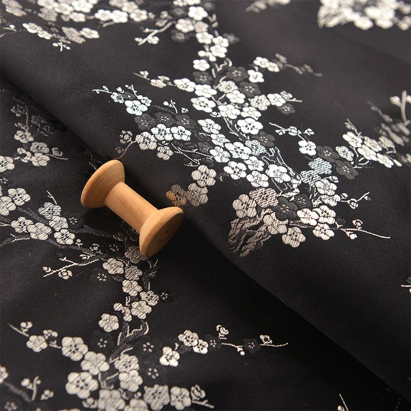 

Black Silver Plum Blossom Brocade Cloth Ancient Dress Cheongpao Gold Bag Wayihan Clothing Book Cover Fabric