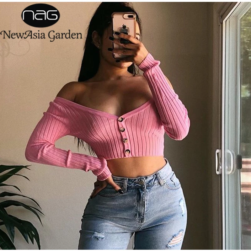 

NewAsia Sexy Off Shoulder Thin Sweater 2019 Women Long Sleeve Ribbed Single-breasted Crop Top Pink SlimT-shirt Casual Streetwear