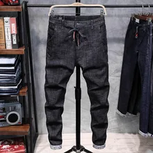 Мужские джинсы, обтягивающие, стрейчевые, одноцветные, повседневные, узкие брюки,, весенние, мужские джинсы, на завязках, полная длина, высокое качество