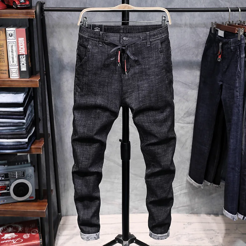 

Men Jeans Skinny Stretch Solid Color Casual Pencil Pants 2019 Spring Male Denim Jeans Drawstring Full Length High Quality Tide
