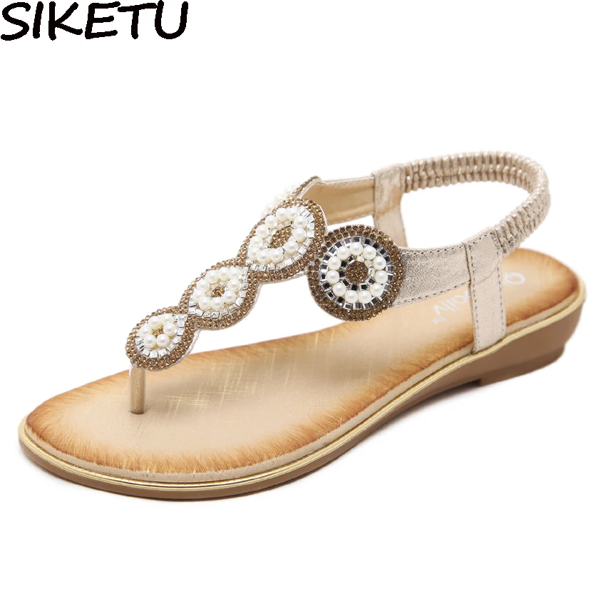 online SIKETU Étnica Verão Cristal Sandálias De Strass Sapatos Flats Praia Boêmio 2018 Moda Estilo Preppy Comfort Shoes Plus Size