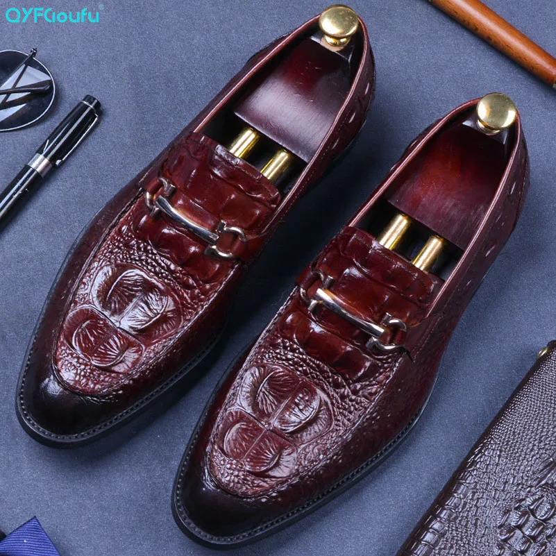 

QYFCIOUFU Crocodile Pattern Men's Shoes Slip On Business Shoes In Autumn And Winter Genuine Leather Luxury Brand Men Dress Shoes