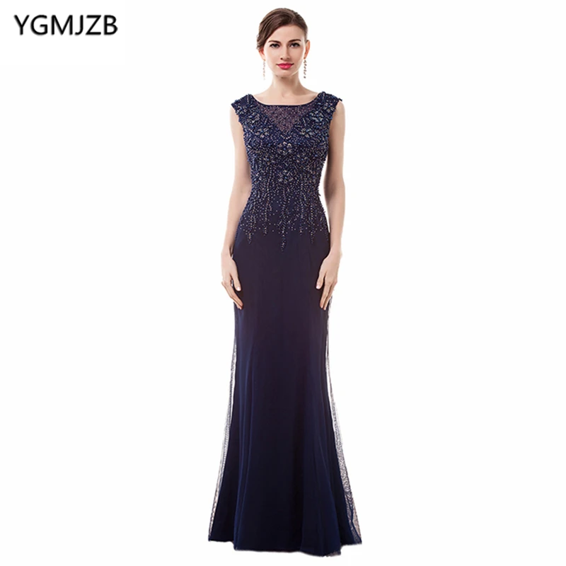

Navy Blue Long Evening Dresses 2019 Mermaid Cap Sleeve Floor Length Sparkly Beaded Crystal Evening Gown Prom Dress Prom Gown